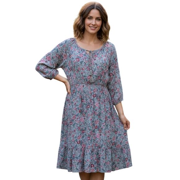 Knox Rose 1X Plus Size Peasant Floral EUC Midi Dress Boho 100% Rayon Tiered - Picture 1 of 12